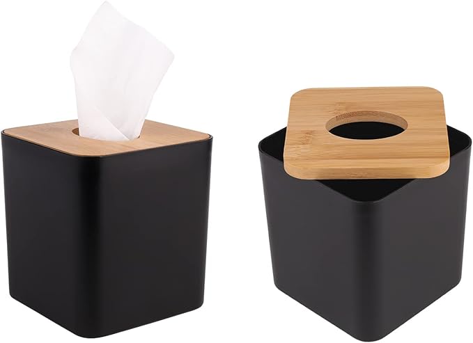 MOCHTERO Tissue Box Cover,Tissue Holders,Tissue Box Holder for Bathrooms,Bamboo Cover Plate,Home and Office,5 * 5 * 5.4in (Black)