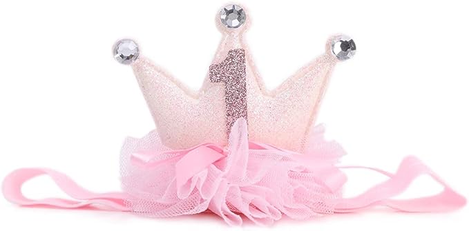 1st Birthday Crown Headband for Baby Girls - Gold/Pink Glitter Mini Crown