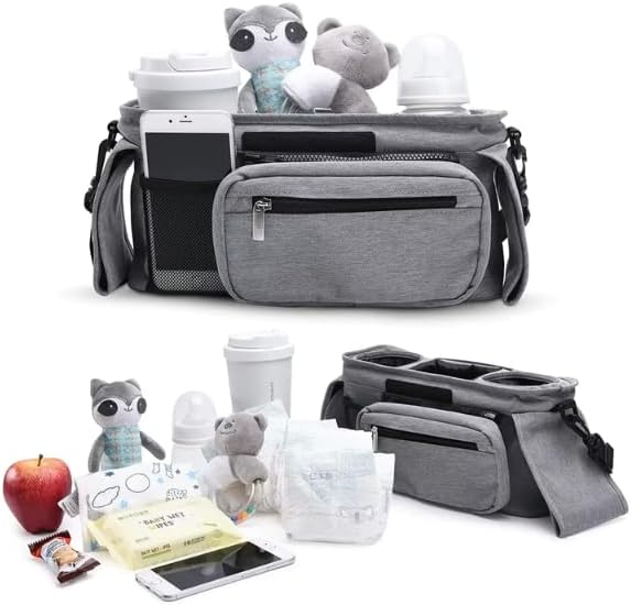 Universal Stroller Organizer with Insulated Cup Holder, Detachable Phone Bag, Shoulder Strap – Fits All Stroller Types, Keeps Drinks Hot/Cold (Grey)