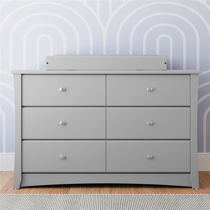 Storkcraft Crescent 6 Drawer Double Dresser (Pebble Gray) – GREENGUARD Gold Certified, Nursery Dresser for Kids Bedroom