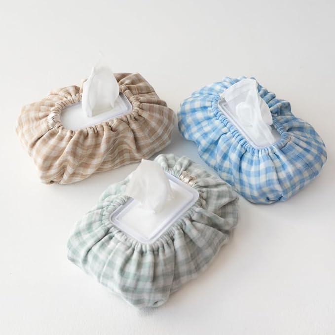 Baby Wipes Cover – Universal Size, One Size Fits All Wipes Packages | Muslin Cotton Tissue Cover for Nursery, Diaper Bag & Changing Table, Station | Gingham & Neutral Patterns (3-Gingham Blue)