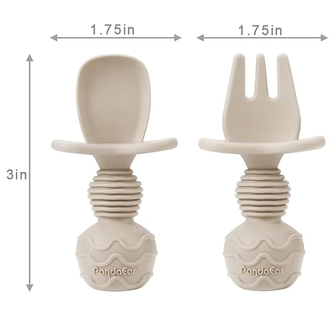 PandaEar 2 Pack Silicone Baby Straw & Snack Cup with 2 Spoons 2 Forks, Dual-Purpose Toddler Training Cups, Light Tan/Walnut