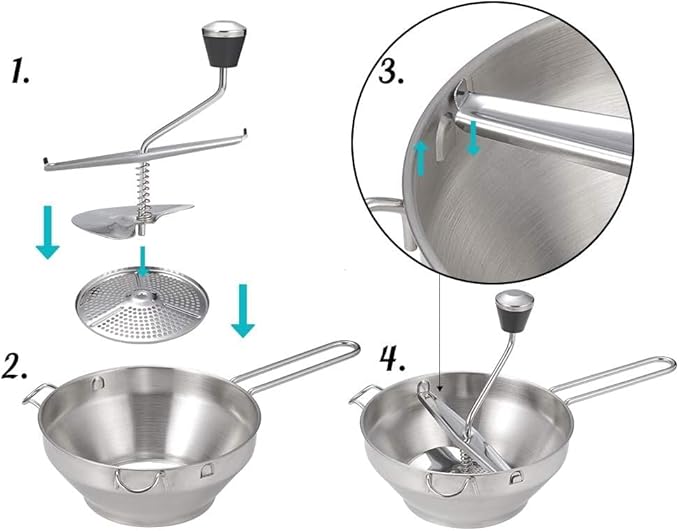 Food Mill with 3 Grinding Milling Discs,Bowl & Milling Handle Safe Stainless Steel meal grinder Perfect food mill for tomato, Potato Masher, Vegetable Chopper, Baby Food Processor (Silver)