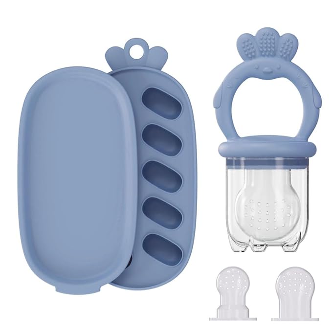 Baby Food Fruit Feeder, Breastmilk Baby Popsicle Molds, Silicone Teether Freezer Tray Food Feeder Pacifier for Teething Relief (Blue)