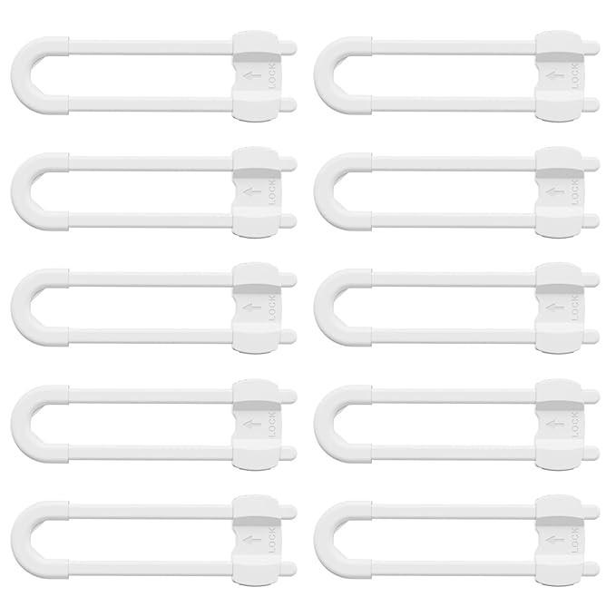 (10 pack white) 4 button Cabinet Locks, U-Shaped Proofing Drawers Safety Child Locks Adjustable, for Wardrobe,Kitchen,Bathroom,Drawer,Fridge,Cupboard Doors Knobs & Handles