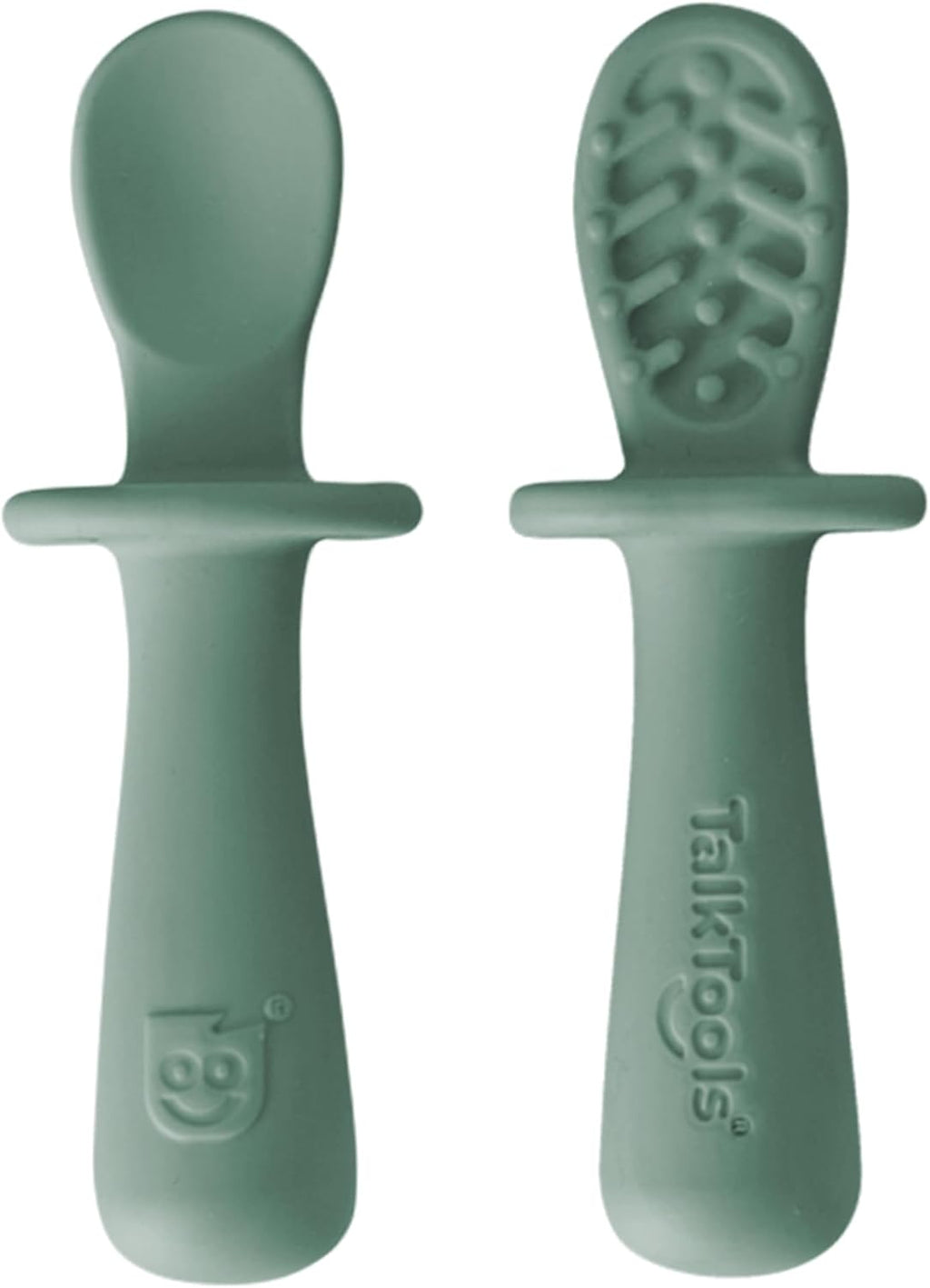 TalkTools ITSY Tiny Silicone Spoons – Twin Pack Soft Silicone Self-Feeding Training Spoons for Kids & Toddlers, Anti-Choking Flange Guard and Non-Slip Handle (Sage)