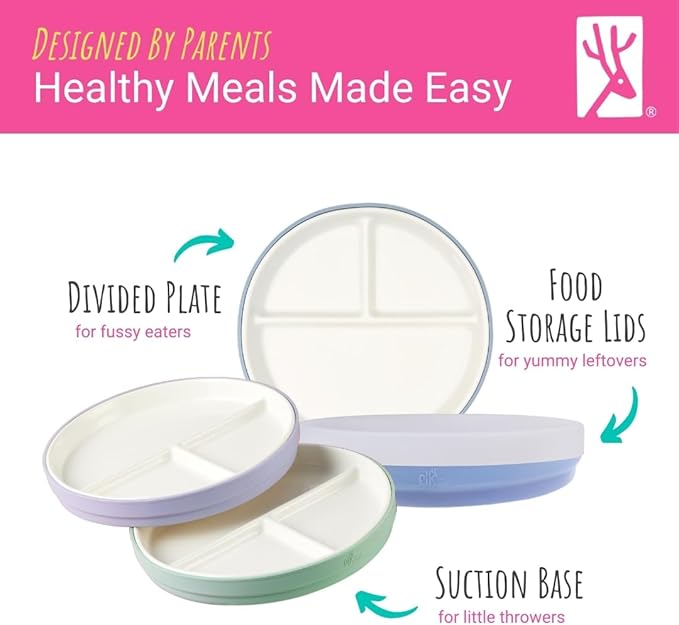 Elk and Friends Kids 7.8” Porcelain Divided Plates with Silicone Suction Sleeves + Lids | Suitable for Kids/Toddlers | Microwave & Dishwasher Safe | Non Slip | Snack Dishes | 4 Pack