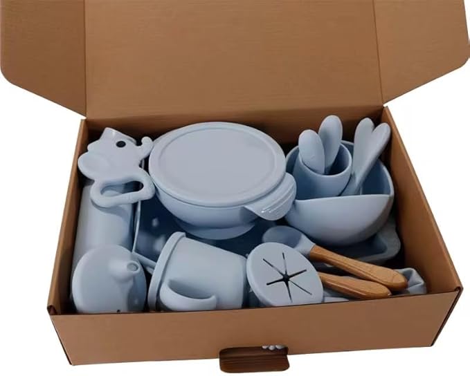 Silicone Baby Feeding Set 15-Piece BPA-Free Baby Led Weaning Kit for 6+ Months – Elephant Suction Plate, Bowl, Forks, Spoons, Bib, Cup, lids, Teether & More – Gift Kraft Box – Baby Registry Blue Gray