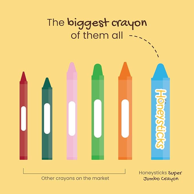 Honeysticks Super Jumbo Crayons (6 Pack) - 100% Pure Beeswax, Non Toxic Crayons for Toddlers 1-3, Extra Large Crayon Size, Easy to Hold and Use, Unbreakable Toddler Crayons, Eco-Friendly
