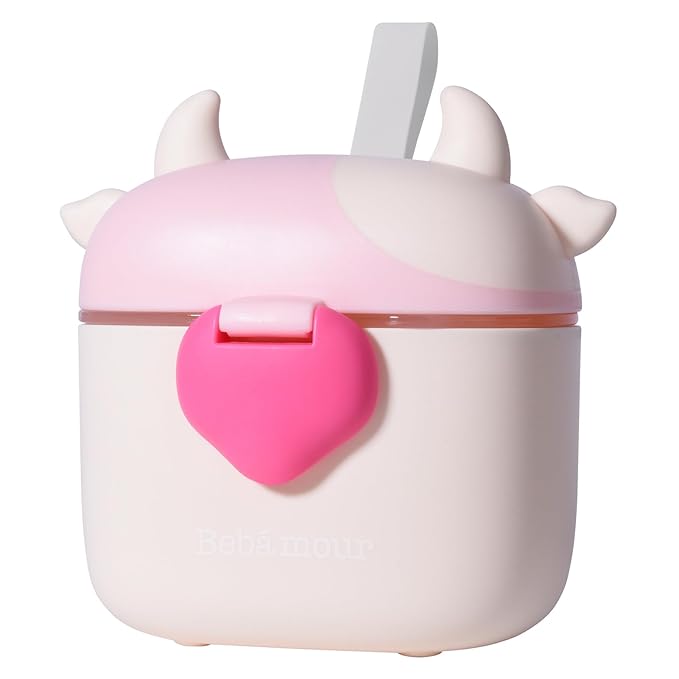 Bebamour Baby Formula Dispenser On The Go, Formula Container to Go, Formula Holder for Travel, Candy Fruit Snack Storage Container with Scoop and Leveller (Light Pink Cow)