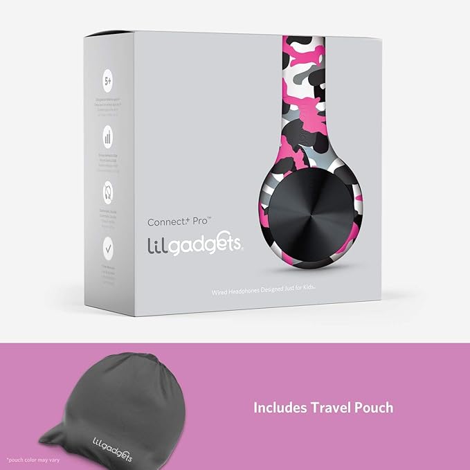 LilGadgets Connect+ Pro Wired Kids Headphones for School w/Microphone, Volume Limiting & Noise Reducing Over-Ear Headset w/Cord, SharePort Technology & SoftTouch Padding, Pink Camo Wired Headphones