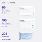 Coterie Baby Wipes + Diapers Kit, Size 1 (99 Count) & Size 2 Diapers (186 Count), 4 Pack (224) Baby Wipes with 99% Water, Plant Based Materials, Hypoallergenic for Sensitive Skin