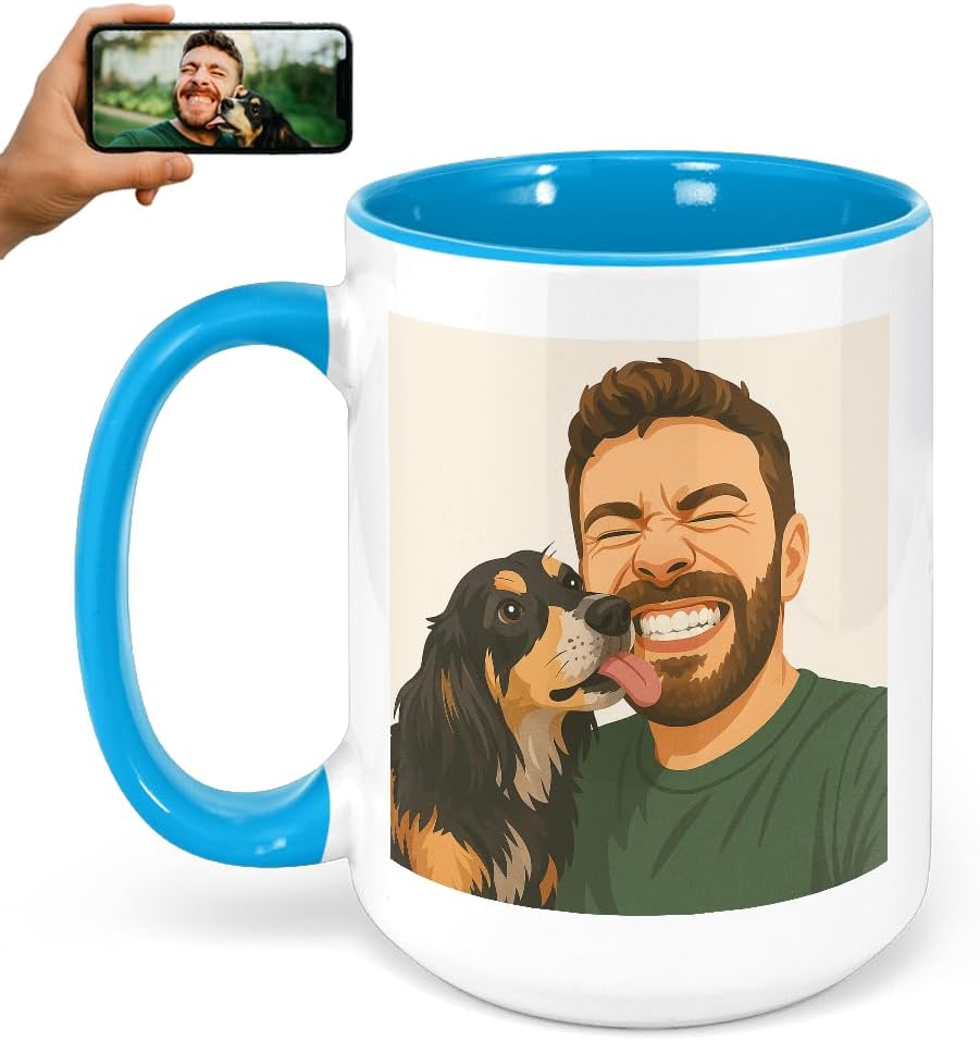 Personalized Coffee Mug, Custom Drawing Portrait Gift, Funny Customized Coffee Gift for Men & Women, Custom Mugs with Pictures, Light Blue 15oz Father's Day Mug