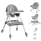 High Chairs for Babies and Toddlers, 4 in 1 Convertible Baby High Chair, Portable High Chair for Travel with Adjustable Height and Back, Foldable HighChair with Wheels& Pu Cushion (Grey)