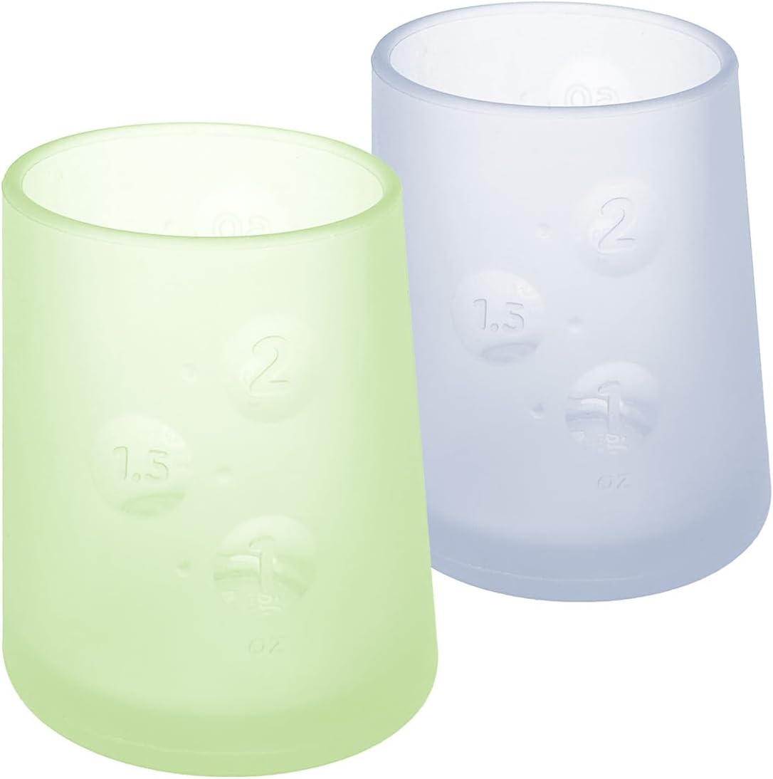 Olababy First Cup | Clear Sense 100% Silicone Infant Trainer Cup | 2oz Medicine Cup for Newborn | Non-Slip & Sloping Design for Tiny Hands & Baby Led Weaning (Kiwi/Blueberry, 2 Cups)