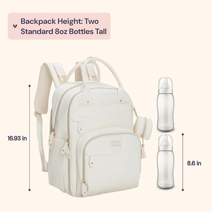 BabbleRoo Leather Diaper Bag Backpack - Baby Essentials Travel Baby Bag, Multi function, Waterproof, with Changing Pad, Stroller Straps & Pacifier Case – Unisex, Eggshell White