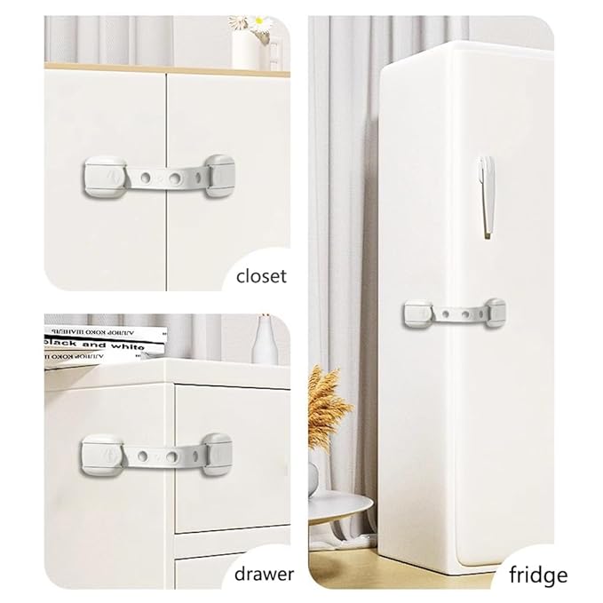 Child Safety Strap Locks (3 Pack) Baby Locks for Cabinets and Drawers, Toilet, Fridge & More. Adhesive Pads. Easy Installation, No Drilling Required, White/Gray (Gray, 3 pcs (Pack of 1))