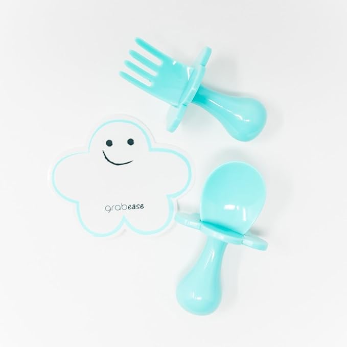 Grabease Baby Feeding Utensils - Anti-Choke Collar & Toddler Fork for Ages 1-3 - Easy-Grip Curved Handle Infant Spoon - Dishwasher-Safe Convenience & Baby Cutlery - Teal