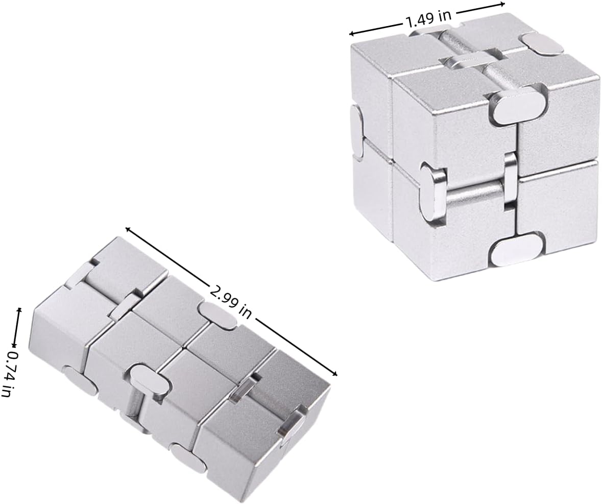 Metal Infinity Cube Fidget Toy - Aluminum Alloy Anti-Stress and Anxiety Finger Flip Cube for Adults, Men, and Women, Ideal Desk Toy for Work or Home - Infinity Cube Desk Toy (Silver)