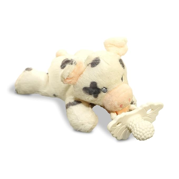 RaZbaby Pig RaZbuddy w/RaZberry Teething Relief Pacifier – Soothes Sore Gums w/Nature-Inspired Texture, 100% BPA-Free Silicone Teether, Detachable Stuffed Animal – 3 Months+ Teether, Coconut