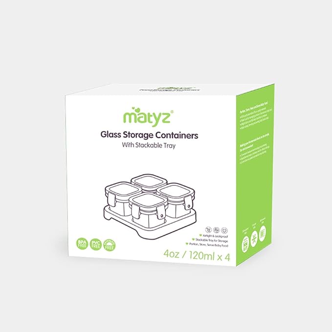 Matyz 4-Pack Baby Glass Jars For Food Storage with Lids Airtight and Stackable Tray (Mint Green, 4 OZ Each) - Small Solid Food Storage Containers For Baby On The Go - Freezer Microwave Oven Safe