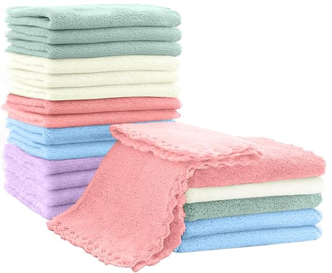20 Pack 10x10 Inches Microfiber Coral Fleece Baby Washcloths,Extra Absorbent,Soft Wash Clothes,Bath Face Towel for Newborn,Infant and Toddlers (Muticolor)
