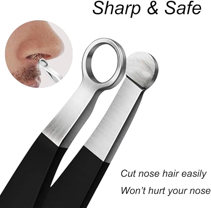 Liangery Manual Nose Hair Trimmer for Men Women- Stainless Steel Precision Blades, Leather Case, Tweezers Style Nasal Cutter, Eyebrow, Ear & Facial Grooming Tool (Black)