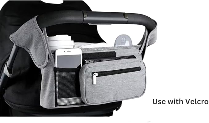 Universal Stroller Organizer with Insulated Cup Holder, Detachable Phone Bag, Shoulder Strap – Fits All Stroller Types, Keeps Drinks Hot/Cold (Grey)