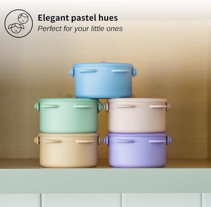 Silicone No Spill Snack Cups for Toddlers – Portable Baby Snack Cup Containers with Dustproof Lid – Dishwasher-Friendly Toddler Spill Proof Cups Without BPA, Lead, or Phthalates – Beige and Green