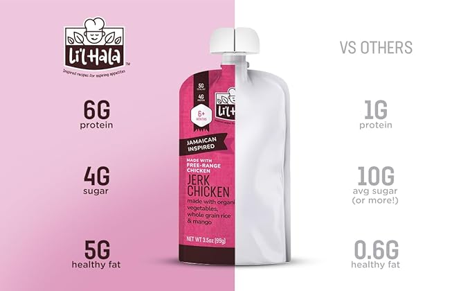 Li’l Hala Jerk Chicken Baby Food Pouches – Free-Range Chicken & Organic Veggies – Toddler Meals with Meat – Protein & Healthy Fats Puree – No Hormones – 6+ Months – 3.5 oz (12 Pack)