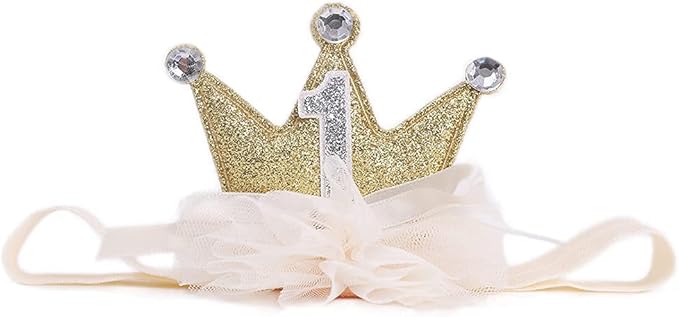 1st Birthday Crown Headband for Baby Girls - Gold/Pink Glitter Mini Crown
