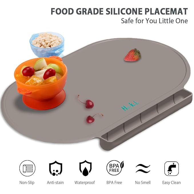 Silicone Placemat for Baby, Silicone Baby Toddlers Non-Slip Tablemats Stain Resistant Anti-Skid Reusable Dishwasher Safe Table Mats, Portable Food Mat Travel (2Pack, Gary)