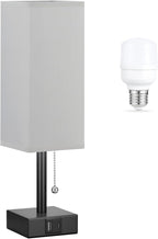 Gray Small Bedroom Lamp - 3 Color Temperature 3000K 5000K 4000K Bedside Lamp, Pull Chain Control, USB A and C Charging Ports, Black Base, for Kids Office Dorm, Bulb Included