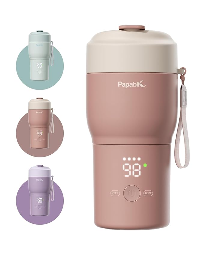 Papablic Pro Portable Bottle Warmer for Travel– Fast Heating, Steam Sterilizer, 30W Fast Charge, 5-Temp Control, Easy-Clean Wide Mouth, Baby Milk Warmer for Breastmilk & Formula, Almond Rose