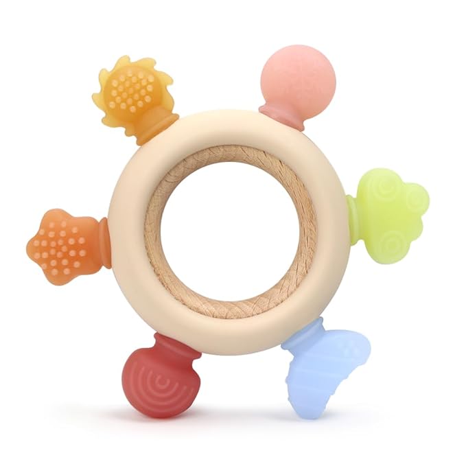 3Pcs Baby Silicone Teether Toy Set - Food-Grade Silicone Teething Relief Toys,Wooden Ring Teether Cute Bear Toy and Toy Straps for Babies 3-12 Months (Bright Beige)