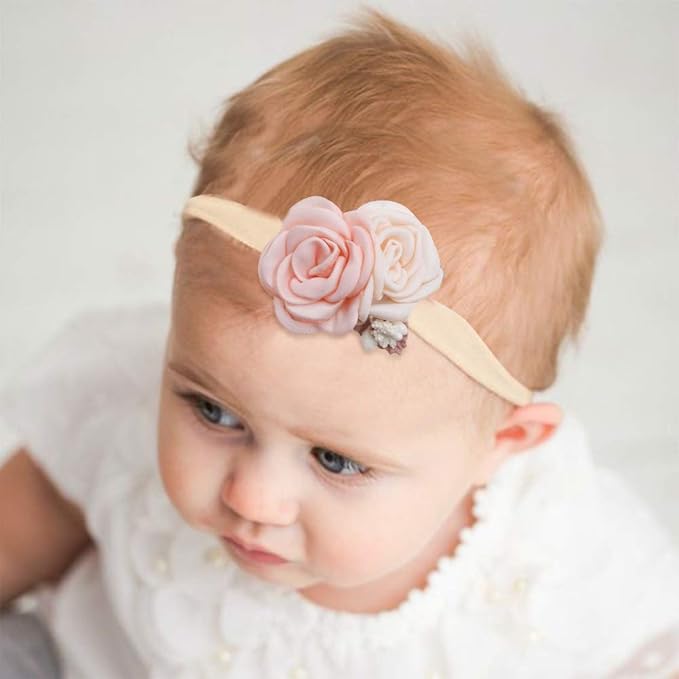 Baby Girl Nylon Headbands Flower Hair Bows Accessories-Elastic Hair Band Crown Handmade FLoral Wraps Birthday Gifts for Girls Newborn Infant Toddler 4Pcs