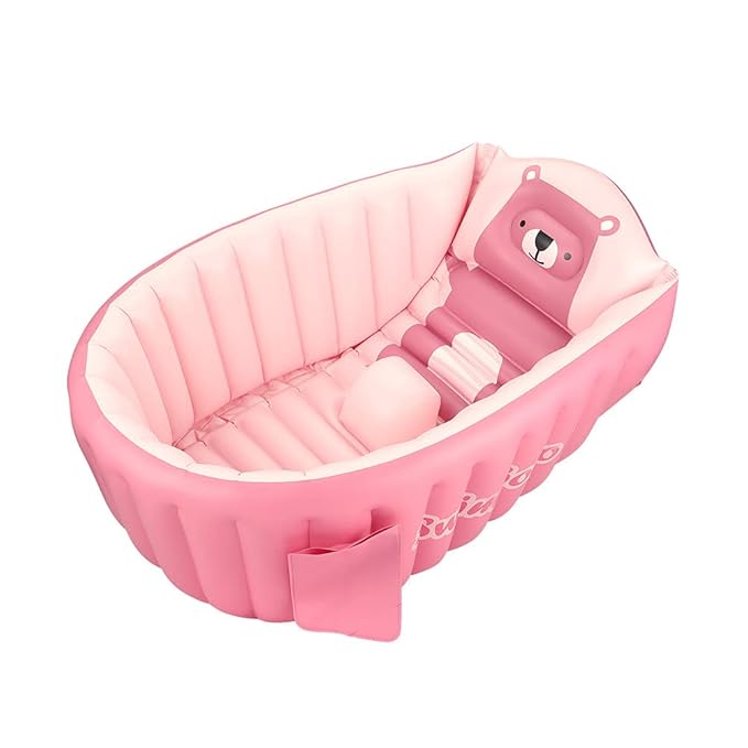 Inflatable Baby Bathtub Infant Anti-Slip Bath Seat Pool with Air Pump Travel Camping Portable Toddler Bath Tub Age 0-5 Years Old (Pink)