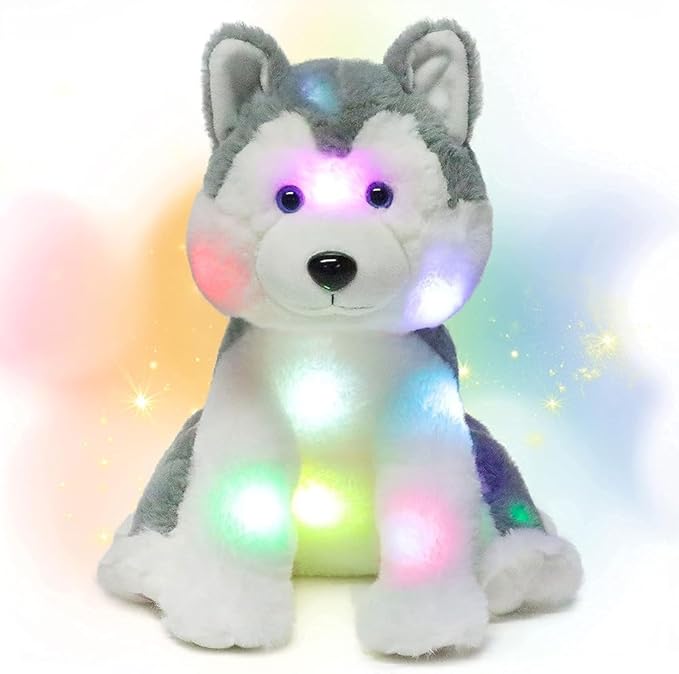 Hopearl LED Plush Husky Light up Stuffed Animal Dog Floppy Puppy Night Lights Glow in The Dark Birthday Festival for Kids Toddler Girls, Gray, 12''