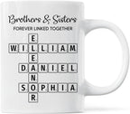 Family Forever Linked Together Custom Names Ceramic Mug, Crossword Puzzle Art, for Birthday, Anniversary or Special Occasions (Brothers & Sisters Forever Linked Together White Mug Ver 1)