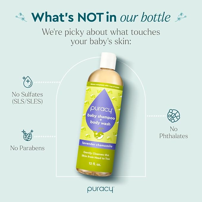 Puracy Baby Shampoo & Body Wash for Children - Pure Ingredients with 12 Fruit & Vegetable Extracts for Silky Smooth Skin, Gentle Lavender Chamomile Aroma, Baby Shampoo, Baby Body Wash 12 Oz (2-Pk)
