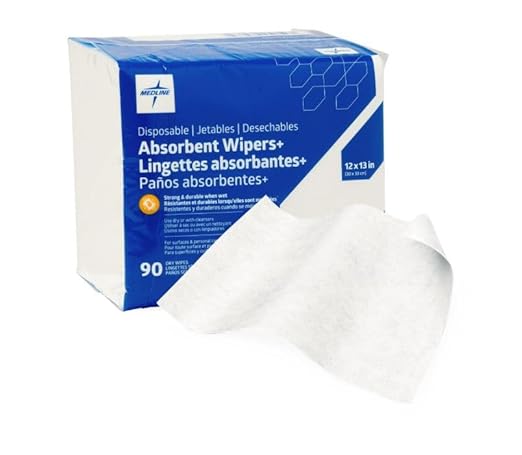 Medline Absorbent Wipers+ Disposable Heavy Duty Dry Wipes, 12" x 13" (90 Count)
