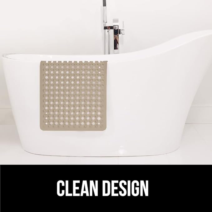 GORILLA GRIP Patented Bath Tub Shower Mat, Machine Washable Bathtub Floor Liner Mats, Suction Cups and Drain Holes to Keep Tubs Clean, Soft on Feet, Bathroom Essentials, 35x16 Inch, Beige