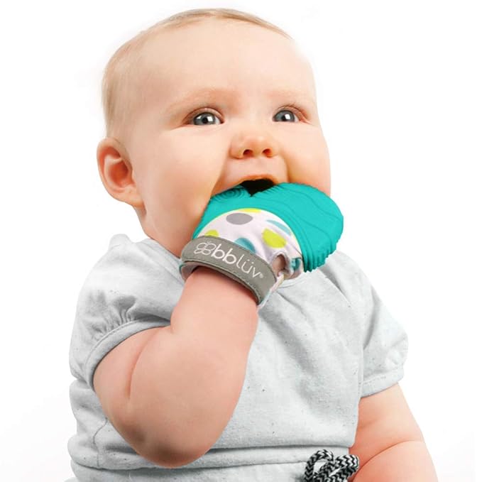 Bblüv - Glüv - Original Silicone Baby Teething Mitten with Opposable Thumb, Self Soothing Teether Toy, Includes a Storage Bag (Aqua)