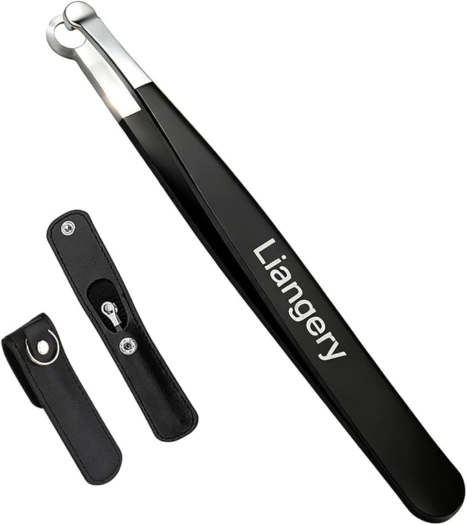 Liangery Manual Nose Hair Trimmer for Men Women- Stainless Steel Precision Blades, Leather Case, Tweezers Style Nasal Cutter, Eyebrow, Ear & Facial Grooming Tool (Black)