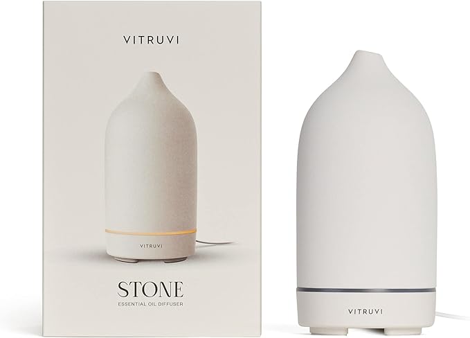 Vitruvi Stone Diffuser, Ceramic Ultrasonic Essential Oil Diffuser for Aromatherapy | Ceramic Diffuser, Diffusers for Home, Oil Diffuser, Housewarming Gift | White, 90ml Capacity
