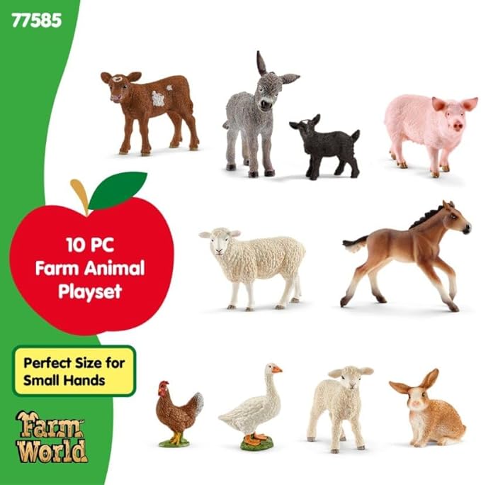 Schleich Farm World - 10 PC Farm Animal Playset with Cow, Donkey, Chicken, Pig, Bunny, Horse Toys and More -Realistic Barnyard Figurines - Fun Educational Figures For Kids and Toddlers Ages 3+ - 77585