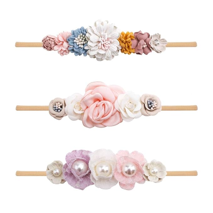 Baby Girl Nylon Headbands Flower Hair Bows Accessories-Elastic Hair Band Crown Handmade FLoral Wraps Birthday Gifts for Girls Newborn Infant Toddler 3Pcs