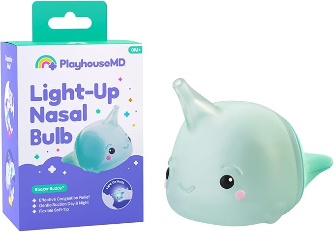 Booger Buddy Nasal Aspirator Bulb, Narwhal - with LED Light for Babies & Toddlers – BPA-Free Snot Remover for Infant Stuffy Nose and Congestion Relief – Easy to Clean Design