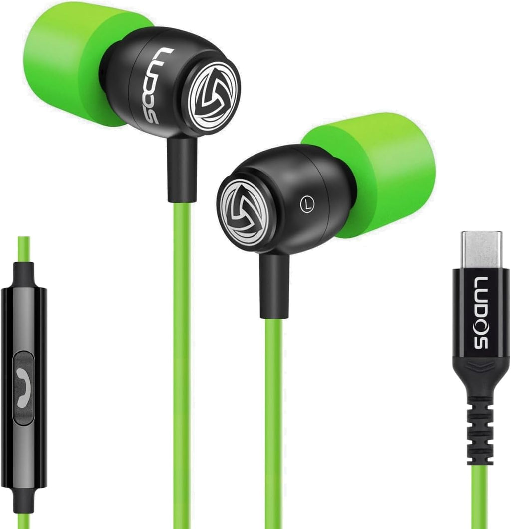 LUDOS Clamor USB C Headphones for iPhone 16 15 Pro Max Plus iPad Pro, 5 Years Warranty, USB-C Earbuds for Samsung Galaxy S24 S23 Ultra S22 S21 FE S20 A55 A54 A53, USB Type C Earphones - Green