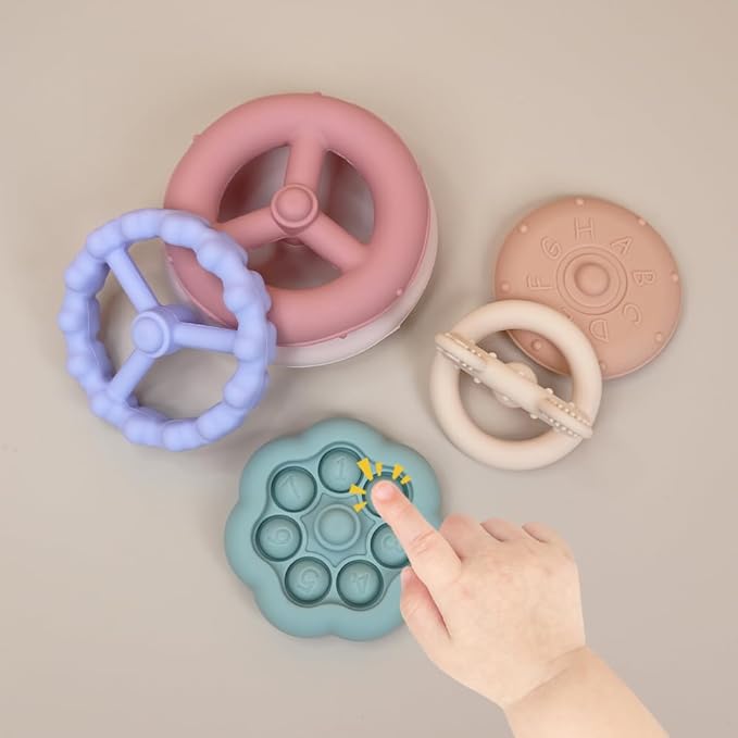 Baby Bear Teething & Stacking Toy Set - Teething Toys Silicone Teethers, Soft Baby Stacker Rings Teether, Learning Toy Gift for Boys and Girls 6+ Months (Beige)
